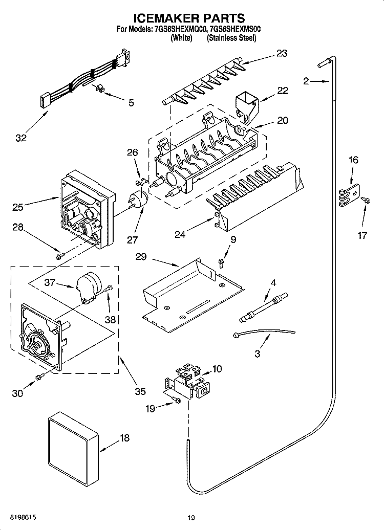 ICEMAKER PARTS, PARTS NOT ILLUSTRATED Diagram and Parts List for 7GS6SHEXMS00  Whirlpool Refrigerator