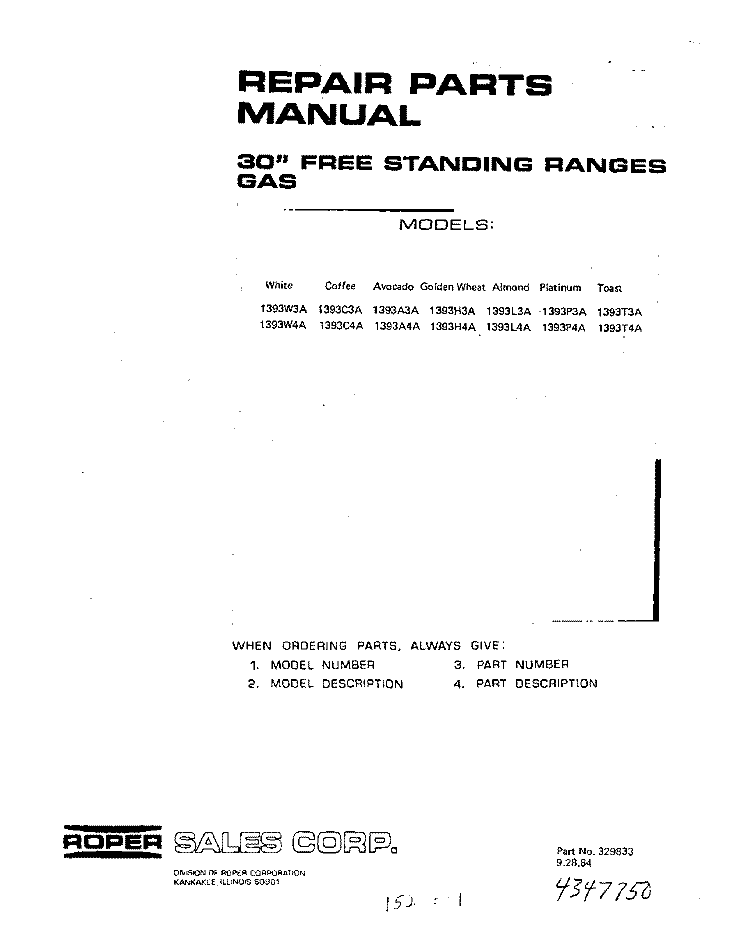 BACKGUARD Diagram and Parts List for 1393W4A  Roper Range