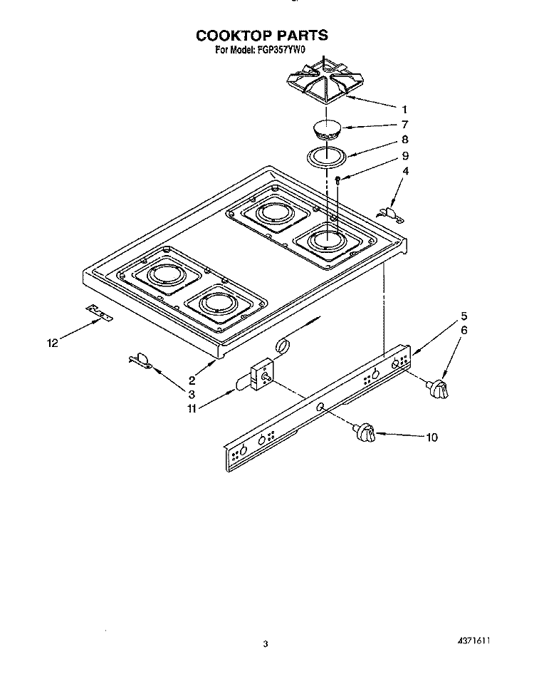 COOKTOP Diagram and Parts List for FGP357YW0  Roper Range