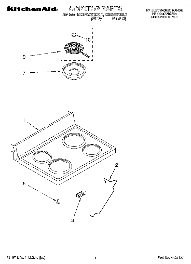 COOKTOP Diagram and Parts List for KERS507EAL2  KitchenAid Range