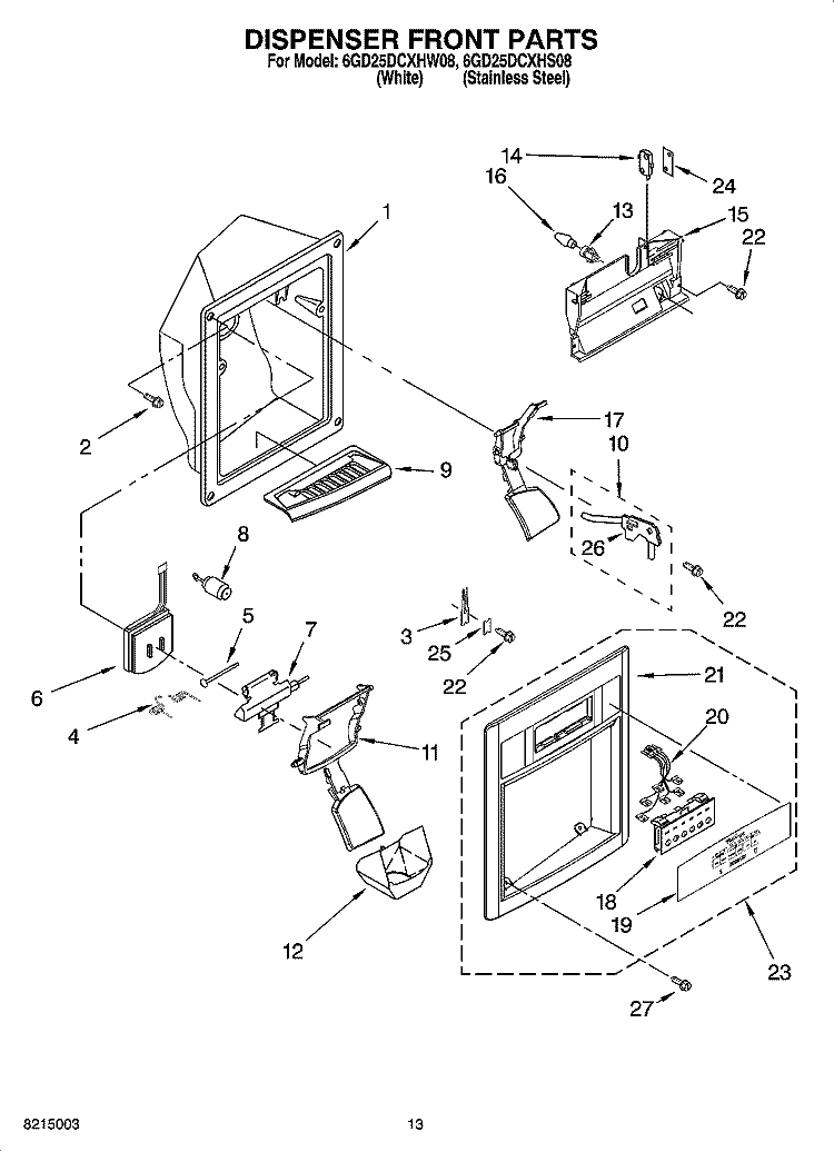 DISPENSER FRONT PARTS Diagram and Parts List for 6GD25DCXHS08  Whirlpool Refrigerator