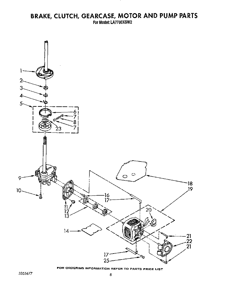 BRAKE, CLUTCH, GEARCASE, MOTOR AND PUMP Diagram and Parts List for LA7780XSW2  Whirlpool Washer