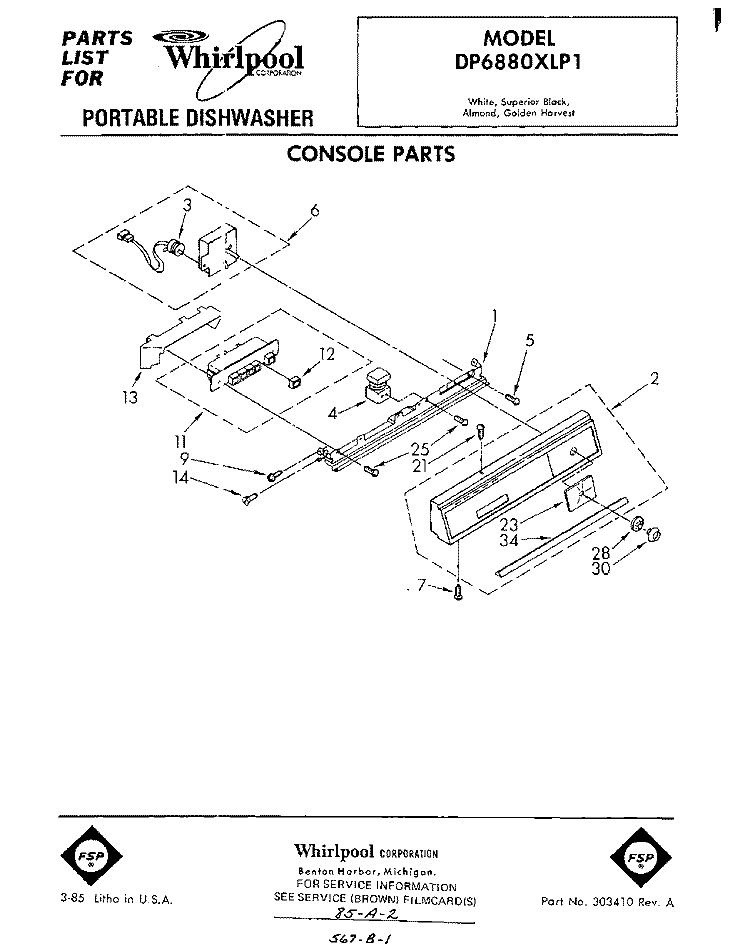 CONSOLE Diagram and Parts List for DP6880XLP1  Whirlpool Dishwasher