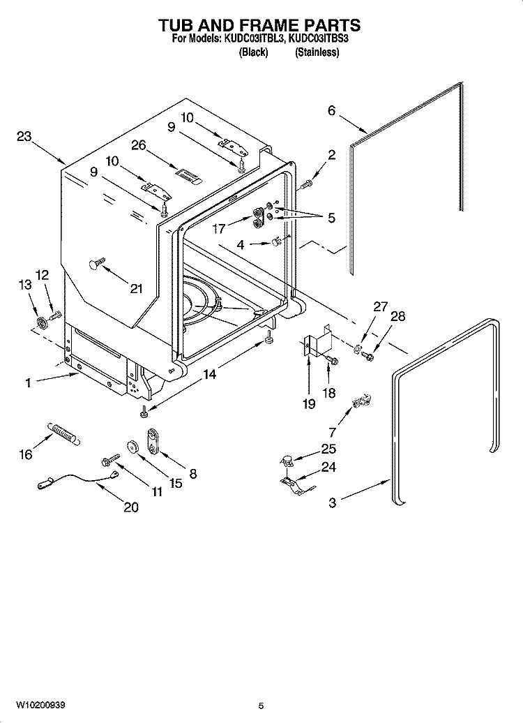 TUB AND FRAME PARTS Diagram and Parts List for KUDC03ITBS3  KitchenAid Dishwasher