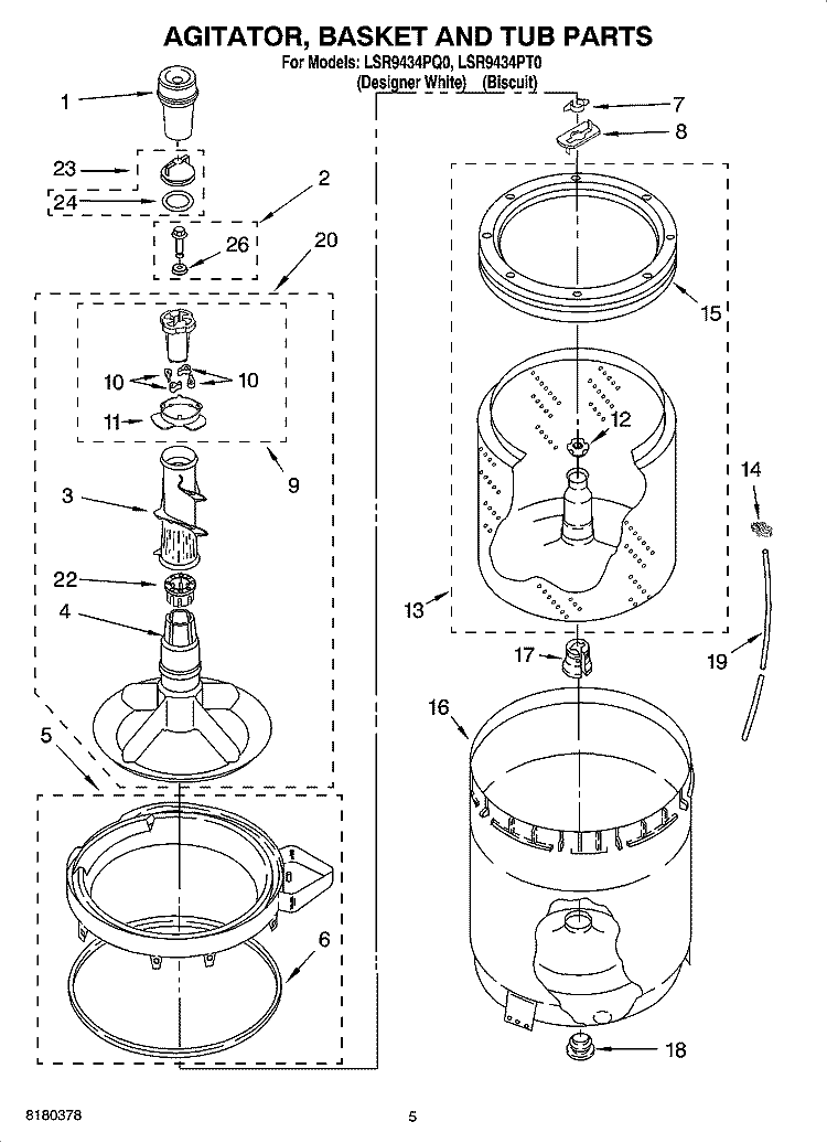 AGITATOR, BASKET AND TUB PARTS Diagram and Parts List for LSR9434PQ0  Whirlpool Washer