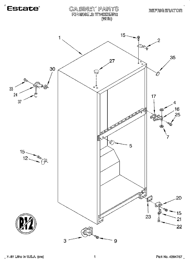 CABINET Diagram and Parts List for TT14DKXEW12  Estate Refrigerator