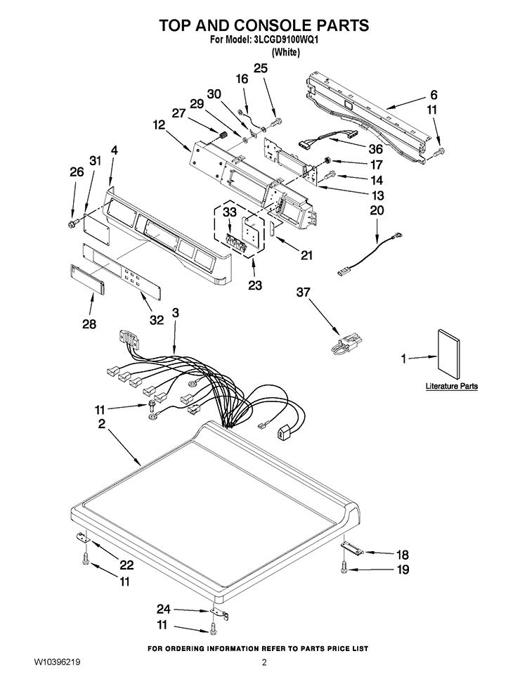 TOP AND CONSOLE PARTS Diagram and Parts List for 3LCGD9100WQ1  Whirlpool Dryer