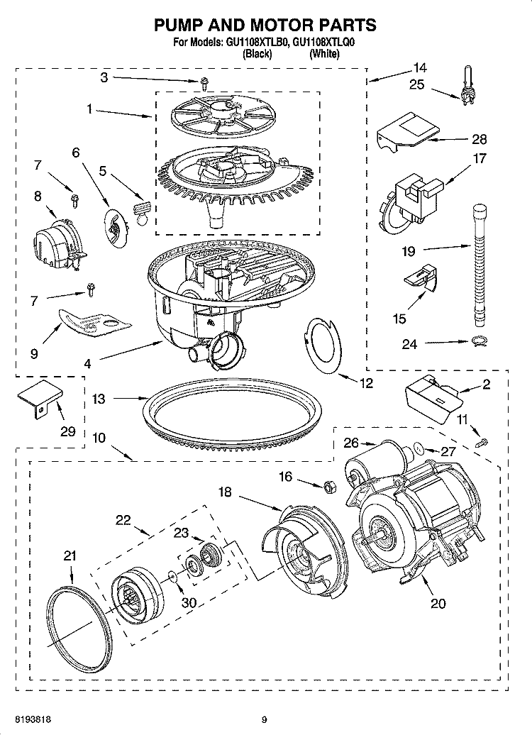PUMP AND MOTOR PARTS Diagram and Parts List for GU1108XTLQ0  Whirlpool Dishwasher