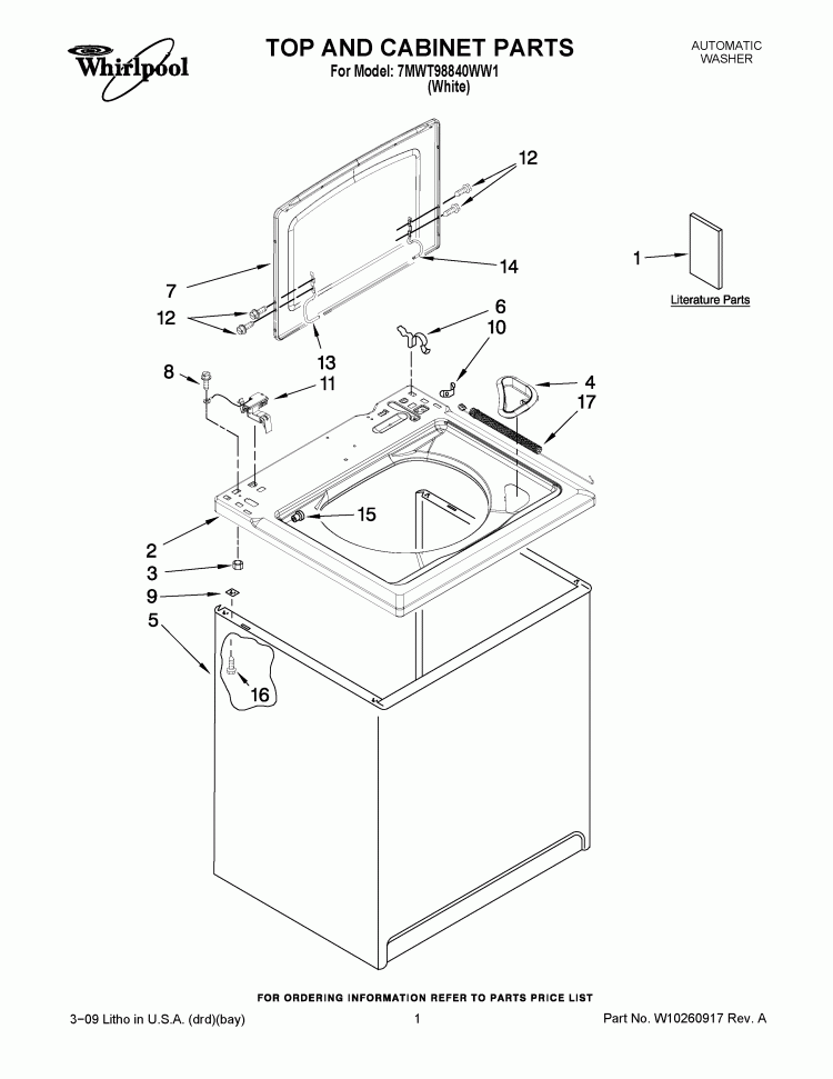 TOP AND CABINET PARTS Diagram and Parts List for 7MWT98840WW1  Whirlpool Washer