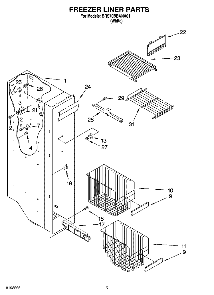 FREEZER LINER PARTS Diagram and Parts List for BRS70BBANA01  Whirlpool Refrigerator