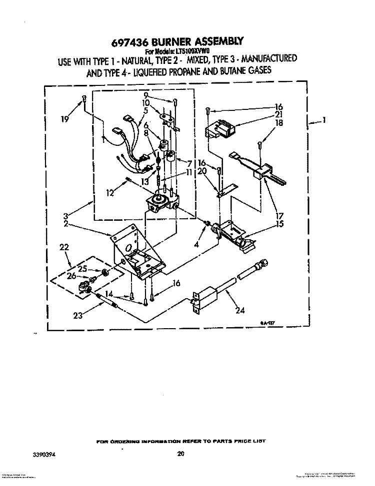 697436 BURNER ASSEMBLY Diagram and Parts List for LT5100XVW0  Whirlpool Washer Dryer Combo