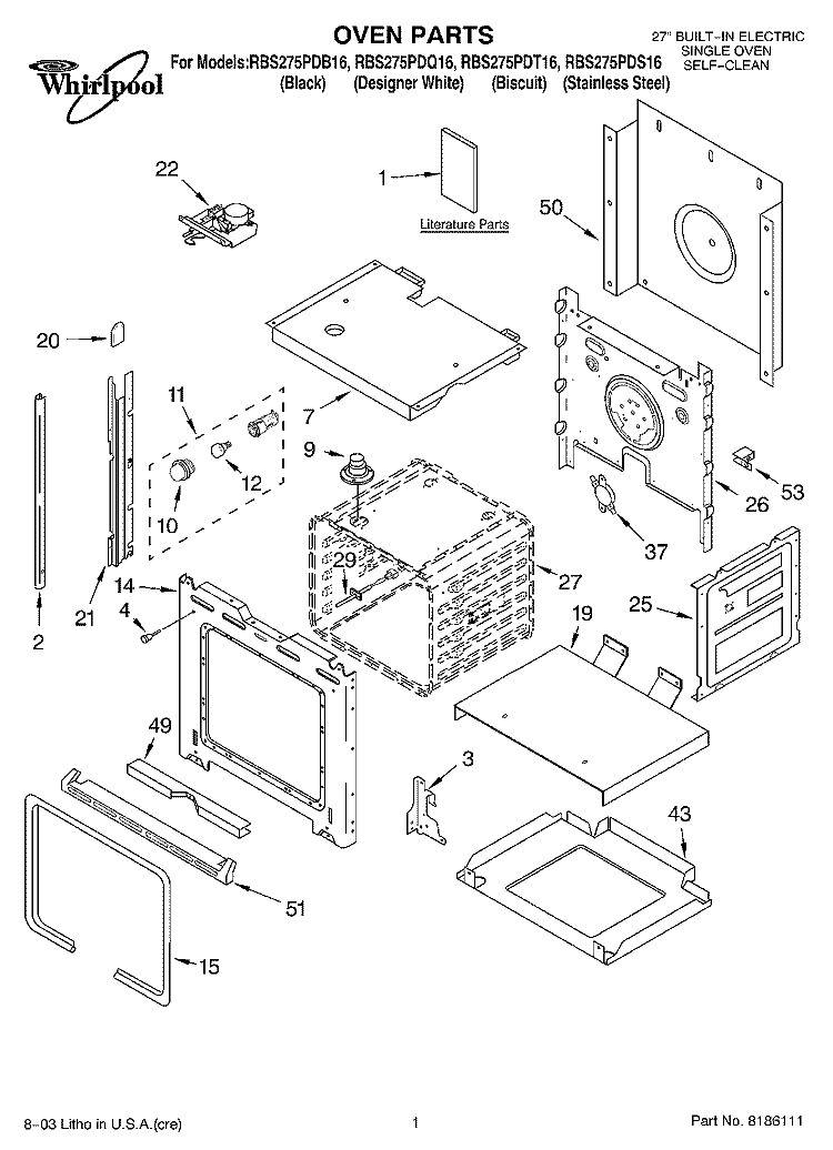 OVEN PARTS Diagram and Parts List for RBS275PDT16  Whirlpool Wall Oven