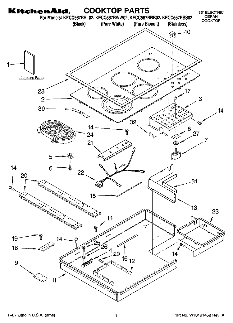 COOKTOP PARTS, OPTIONAL PARTS Diagram and Parts List for KECC567RBB02  KitchenAid Cooktop