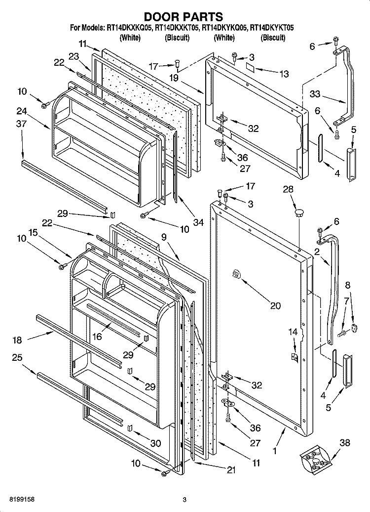 DOOR PARTS Diagram and Parts List for RT14DKXKT05  Roper Refrigerator