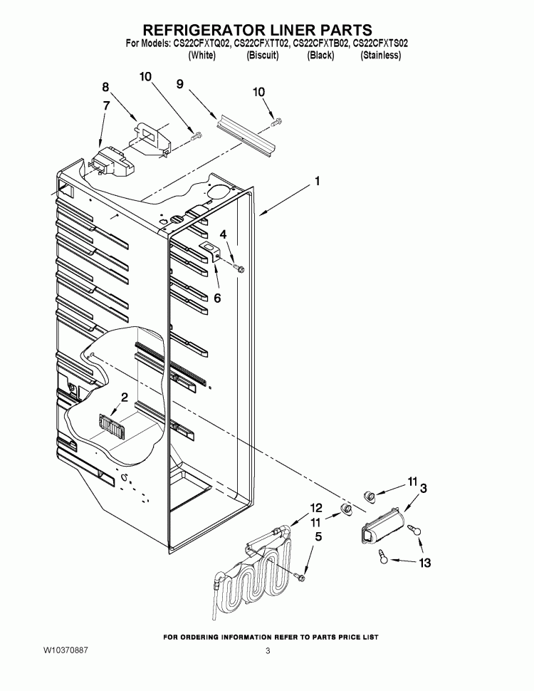 REFRIGERATOR LINER PARTS Diagram and Parts List for CS22CFXTS02  Crosley Refrigerator