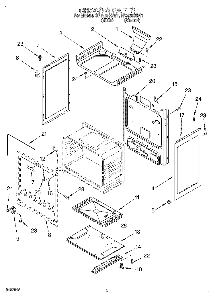 CHASSIS Diagram and Parts List for SF3020SGN1  Whirlpool Range