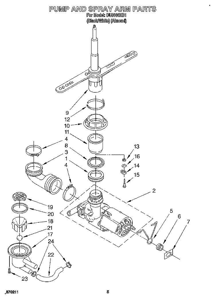PUMP AND SPRAY ARM Diagram and Parts List for DU8000XB1  Whirlpool Dishwasher