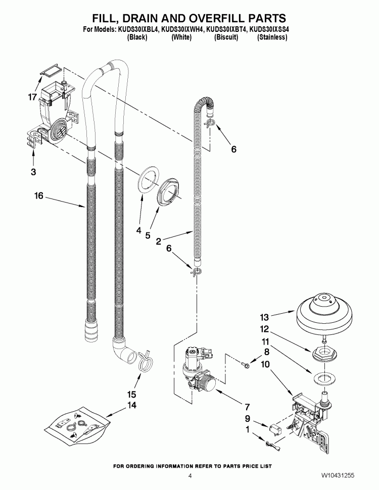 FILL, DRAIN AND OVERFILL PARTS Diagram and Parts List for KUDS30IXBT4  KitchenAid Dishwasher