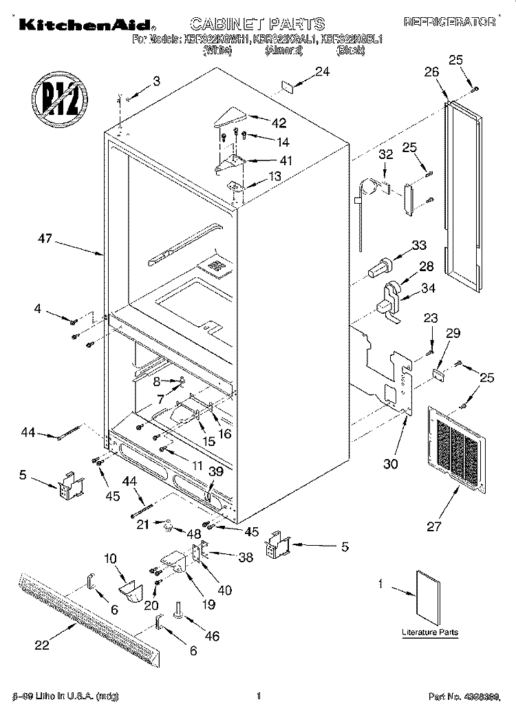 CABINET, LITERATURE Diagram and Parts List for KBRS22KGWH1  KitchenAid Refrigerator