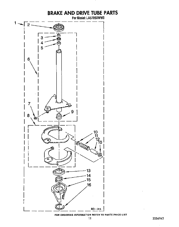 BRAKE AND DRIVE TUBE Diagram and Parts List for LA5705XWN0  Whirlpool Washer
