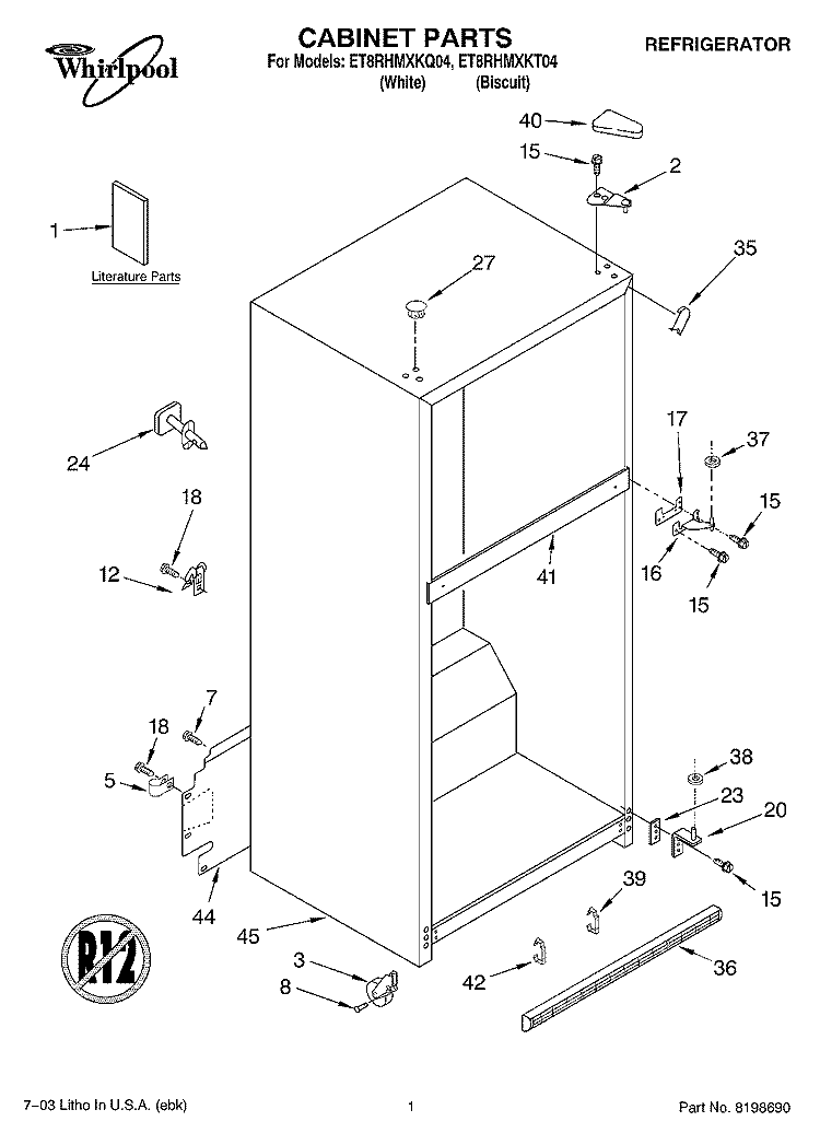 CABINET PARTS Diagram and Parts List for ET8RHMXKT04  Whirlpool Refrigerator