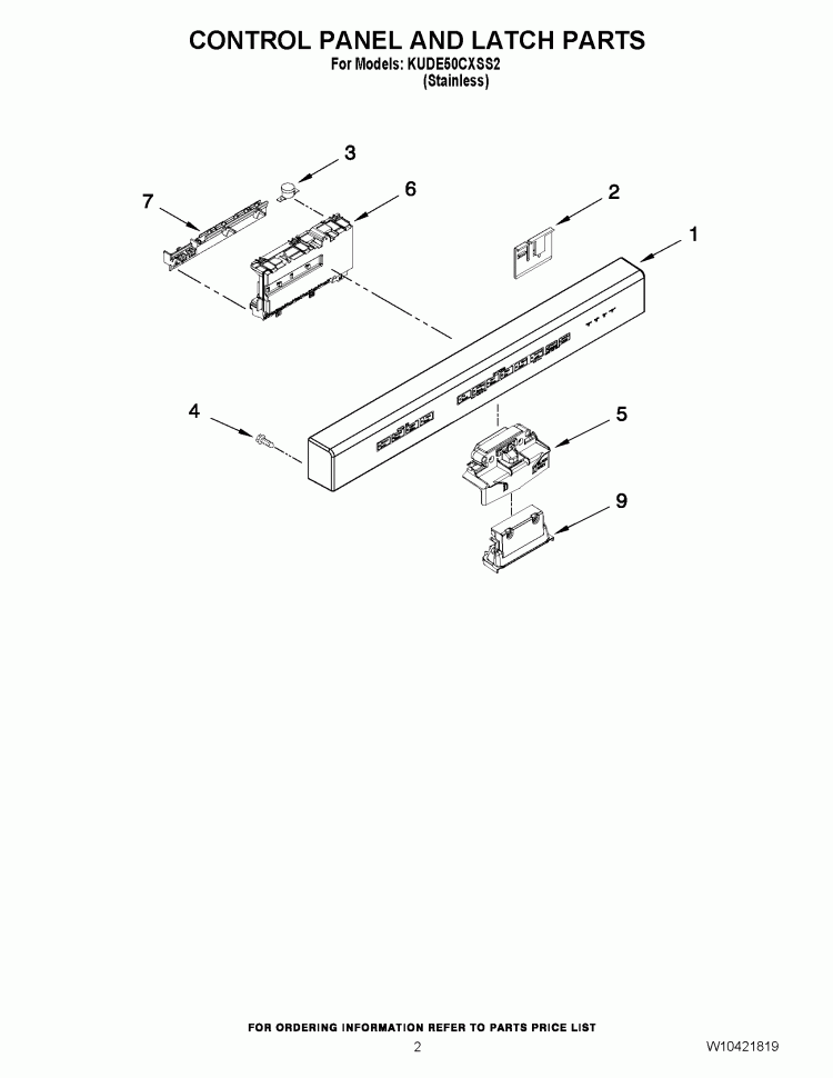 CONTROL PANEL AND LATCH PARTS Diagram and Parts List for KUDE50CXSS2  KitchenAid Dishwasher