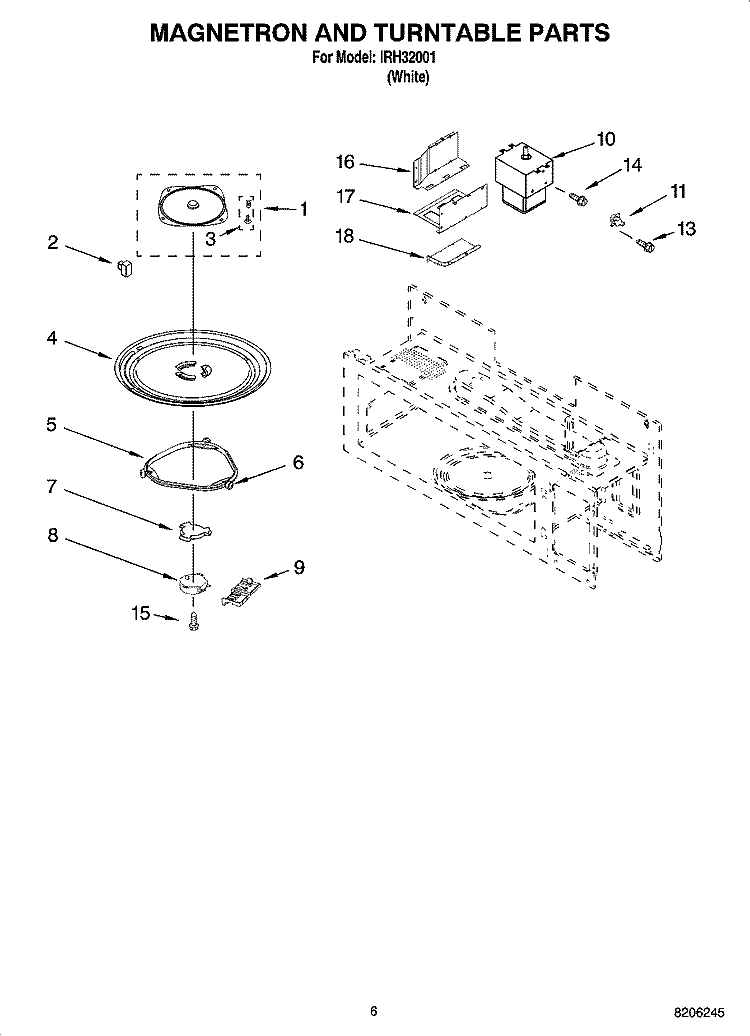 MAGNETRON AND TURNTABLE PARTS Diagram and Parts List for IRH32001  Inglis Microwave