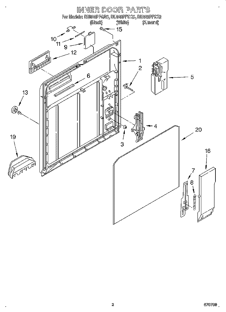 INNER DOOR Diagram and Parts List for DU920PFGQ3  Whirlpool Dishwasher