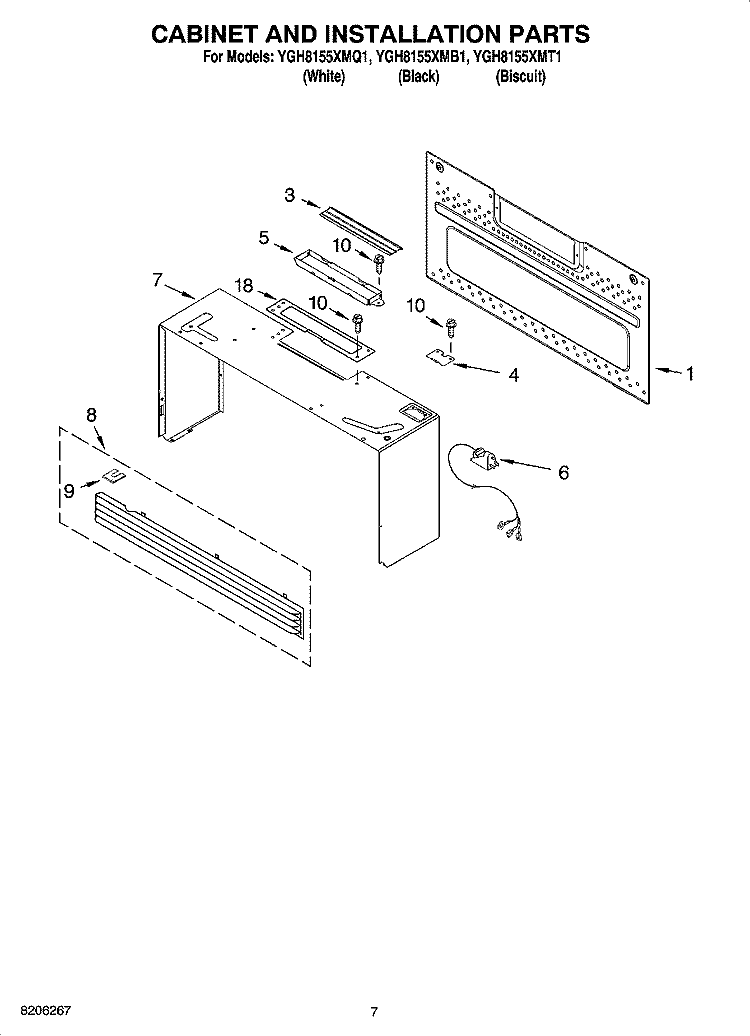 CABINET AND INSTALLATION PARTS Diagram and Parts List for YGH8155XMT1  Whirlpool Microwave