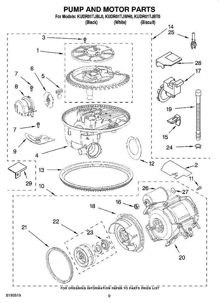 PUMP AND MOTOR PARTS Diagram and Parts List for KUDR01TJBT0  KitchenAid Dishwasher