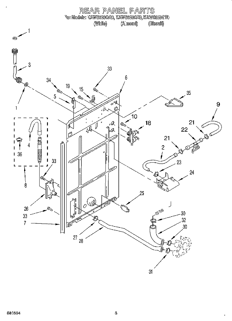 REAR PANEL Diagram and Parts List for KAWS850GT0  KitchenAid Washer