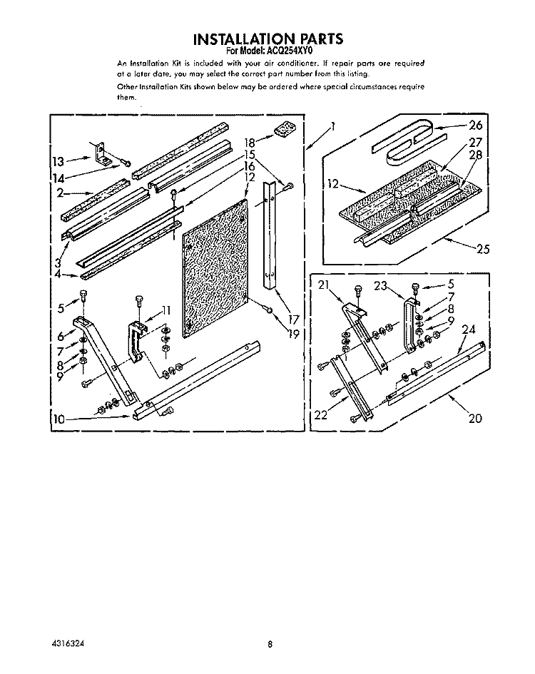 INSTALLATION PARTS Diagram and Parts List for ACQ254XY0  Whirlpool Air Conditioner