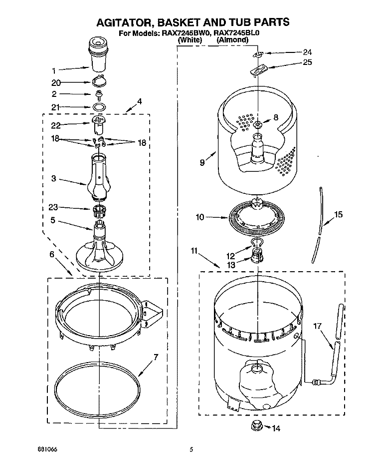 AGITATOR, BASKET AND TUB Diagram and Parts List for RAX7245BL0  Roper Washer