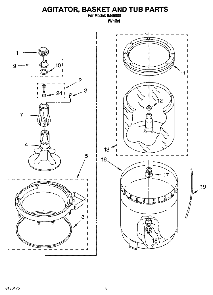 AGITATOR, BASKET AND TUB PARTS Diagram and Parts List for IM46000  Inglis Washer