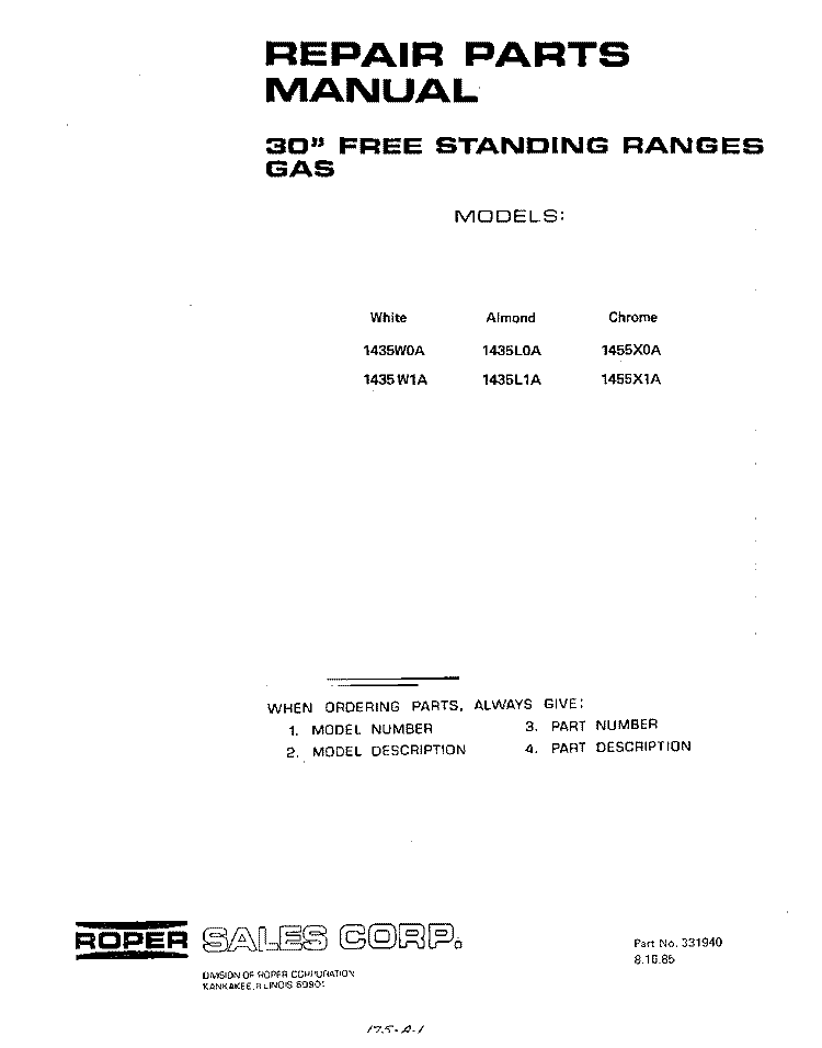BACKGUARD Diagram and Parts List for 1435W0A  Roper Range