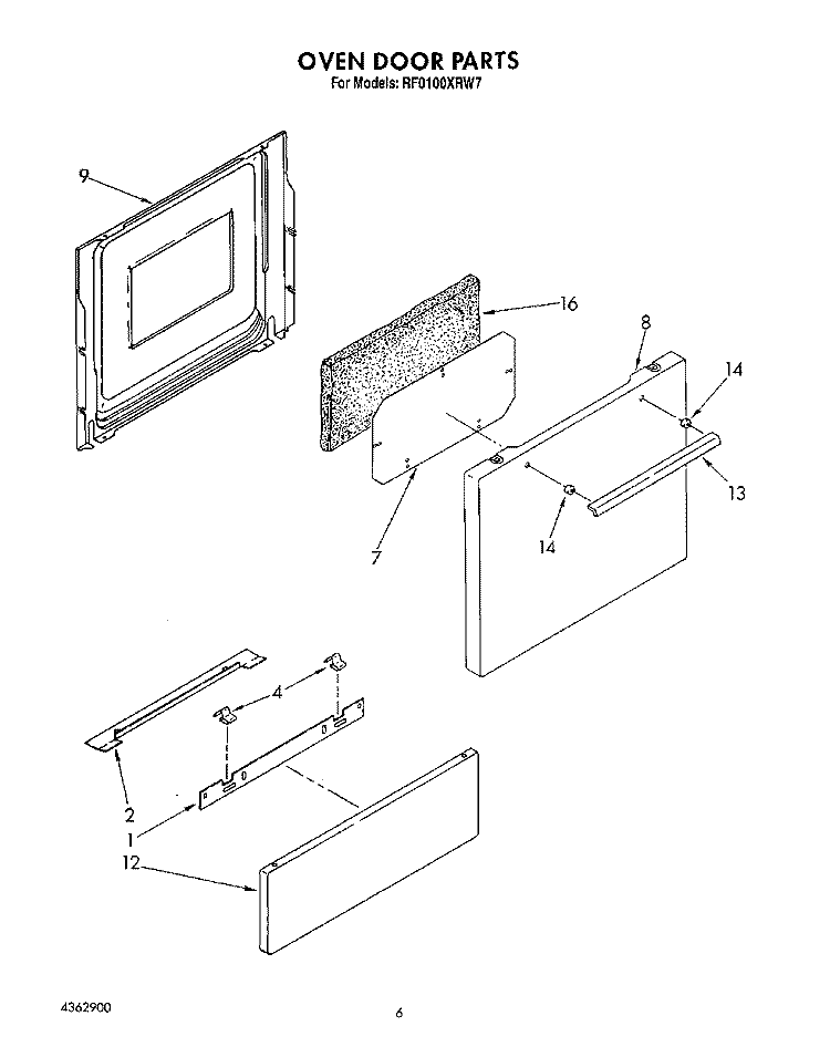 OVEN DOOR Diagram and Parts List for RF0100XRW7  Whirlpool Range