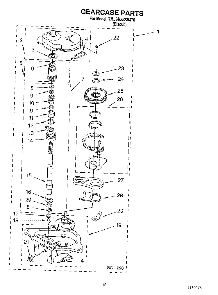 GEARCASE PARTS Diagram and Parts List for 7MLSR8523MT0  Whirlpool Washer