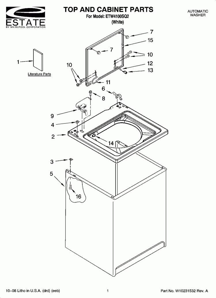 TOP AND CABINET PARTS Diagram and Parts List for ETW4100SQ2  Estate Washer
