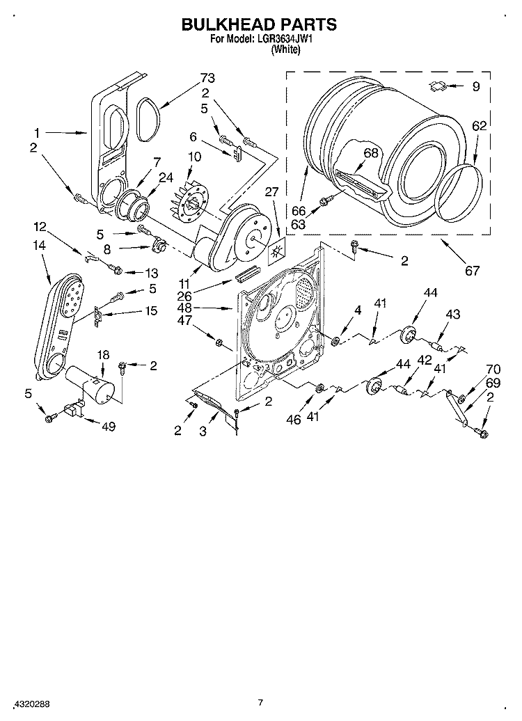 BULKHEAD Diagram and Parts List for LGR3634JW1  Whirlpool Dryer
