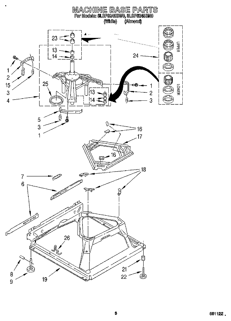 MACHINE BASE Diagram and Parts List for 8LSP8245BW0  Whirlpool Washer
