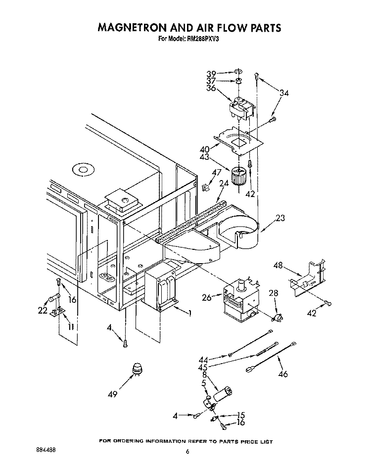 MAGNETRON AND AIR FLOW Diagram and Parts List for RM288PXV3  Whirlpool Microwave Oven Combo