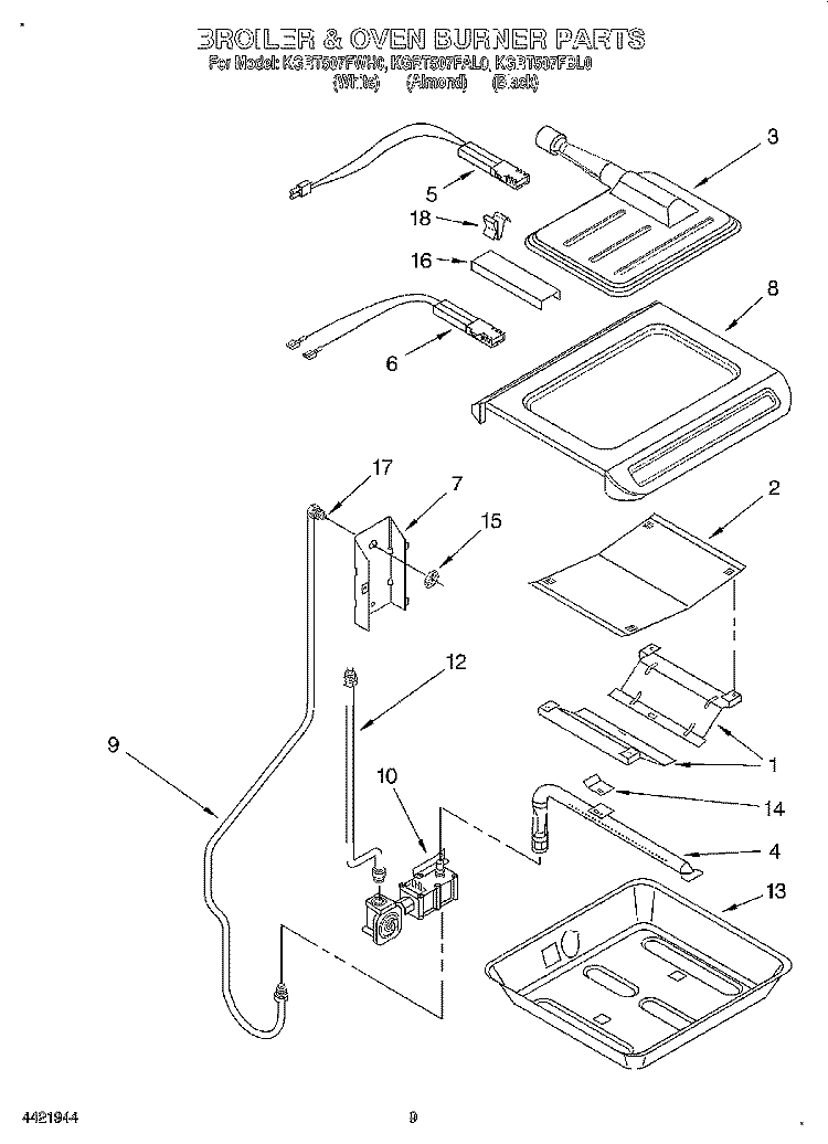 BROILER AND OVEN BURNER Diagram and Parts List for KGRT507FAL0  KitchenAid Range