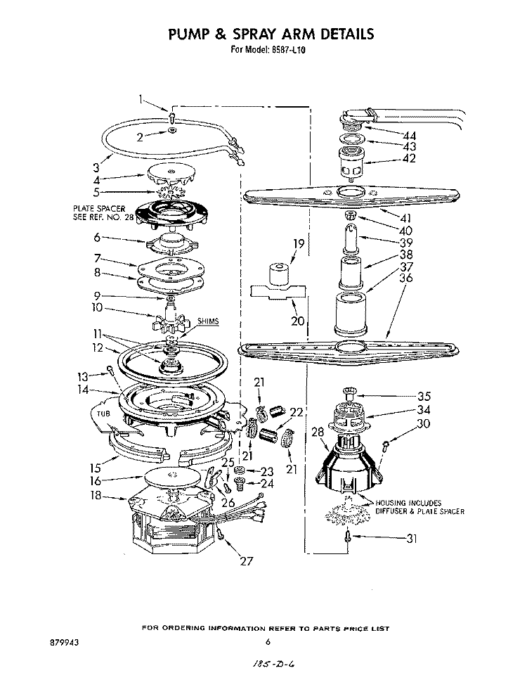 PUMP AND SPRAY ARM Diagram and Parts List for 8587L10  Roper Dishwasher