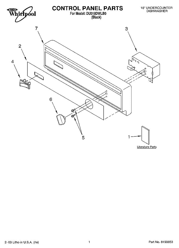 CONTROL PANEL PARTS Diagram and Parts List for DU018DWLB0  Whirlpool Dishwasher