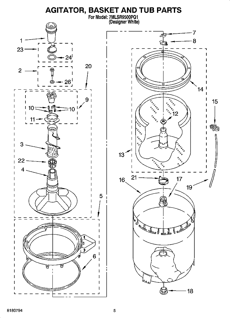 AGITATOR, BASKET AND TUB PARTS Diagram and Parts List for 7MLSR9500PQ1  Whirlpool Washer