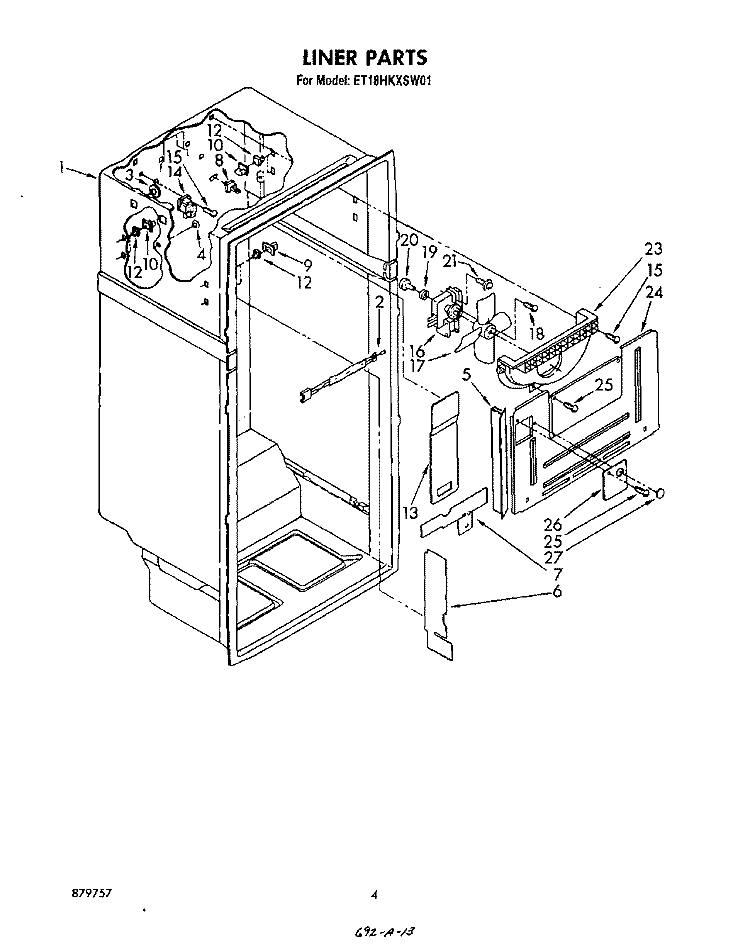 LINER Diagram and Parts List for ET18HKXSW01  Whirlpool Refrigerator