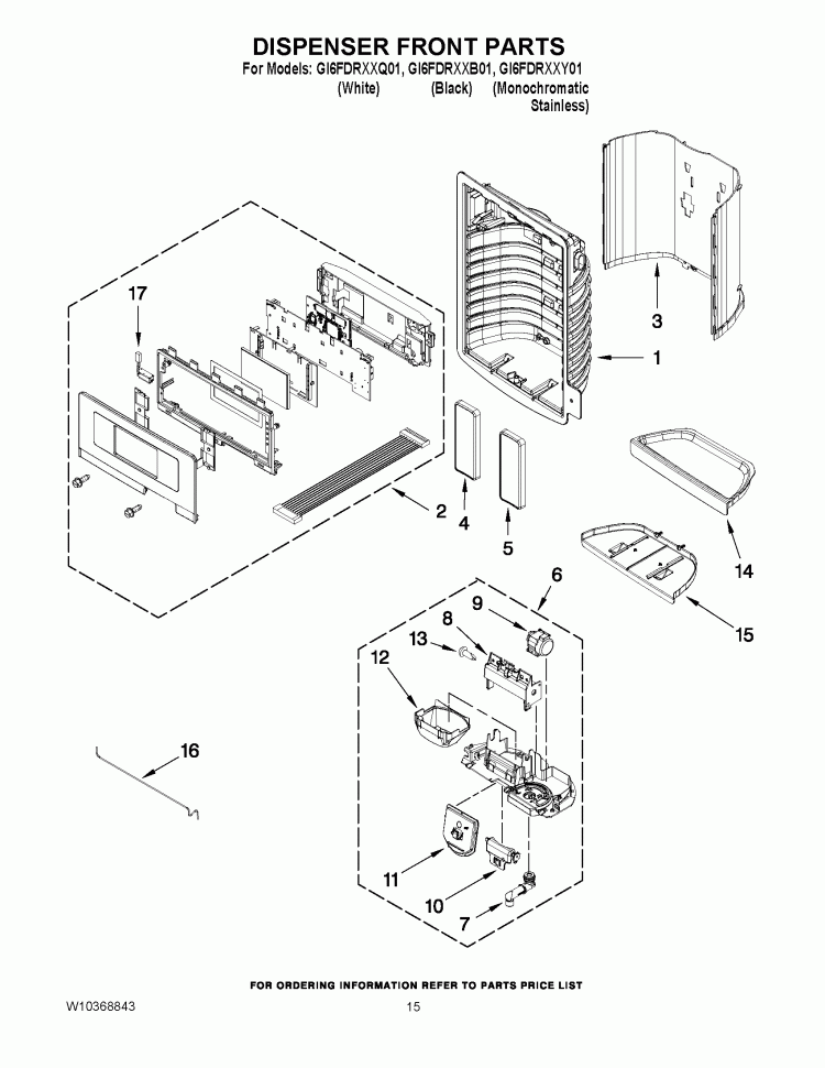 DISPENSER FRONT PARTS Diagram and Parts List for GI6FDRXXB01  Whirlpool Refrigerator