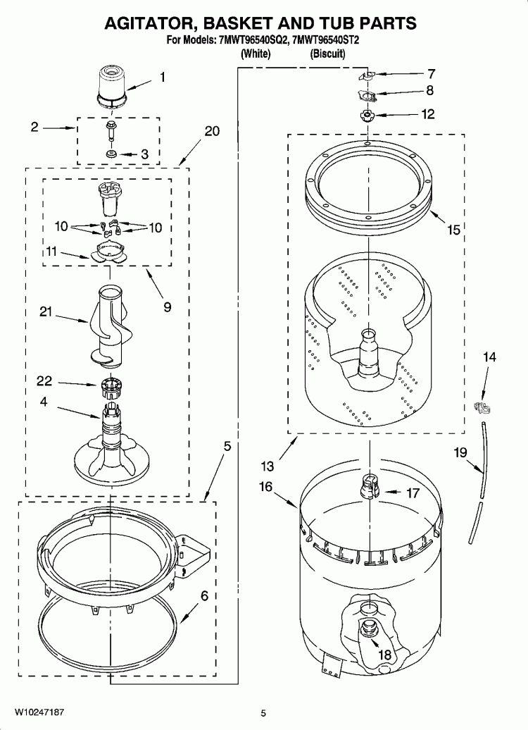 AGITATOR, BASKET AND TUB PARTS Diagram and Parts List for 7MWT96540ST2  Whirlpool Washer