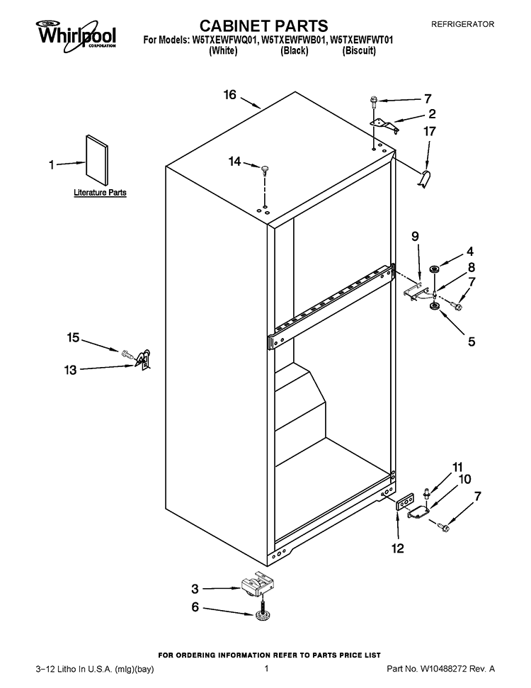 CABINET PARTS Diagram and Parts List for W5TXEWFWT01  Whirlpool Refrigerator