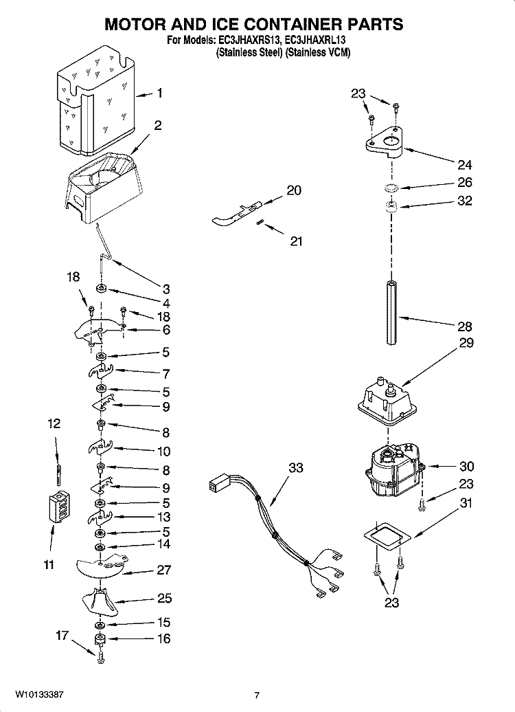 MOTOR AND ICE CONTAINER PARTS Diagram and Parts List for EC3JHAXRL13  Whirlpool Refrigerator